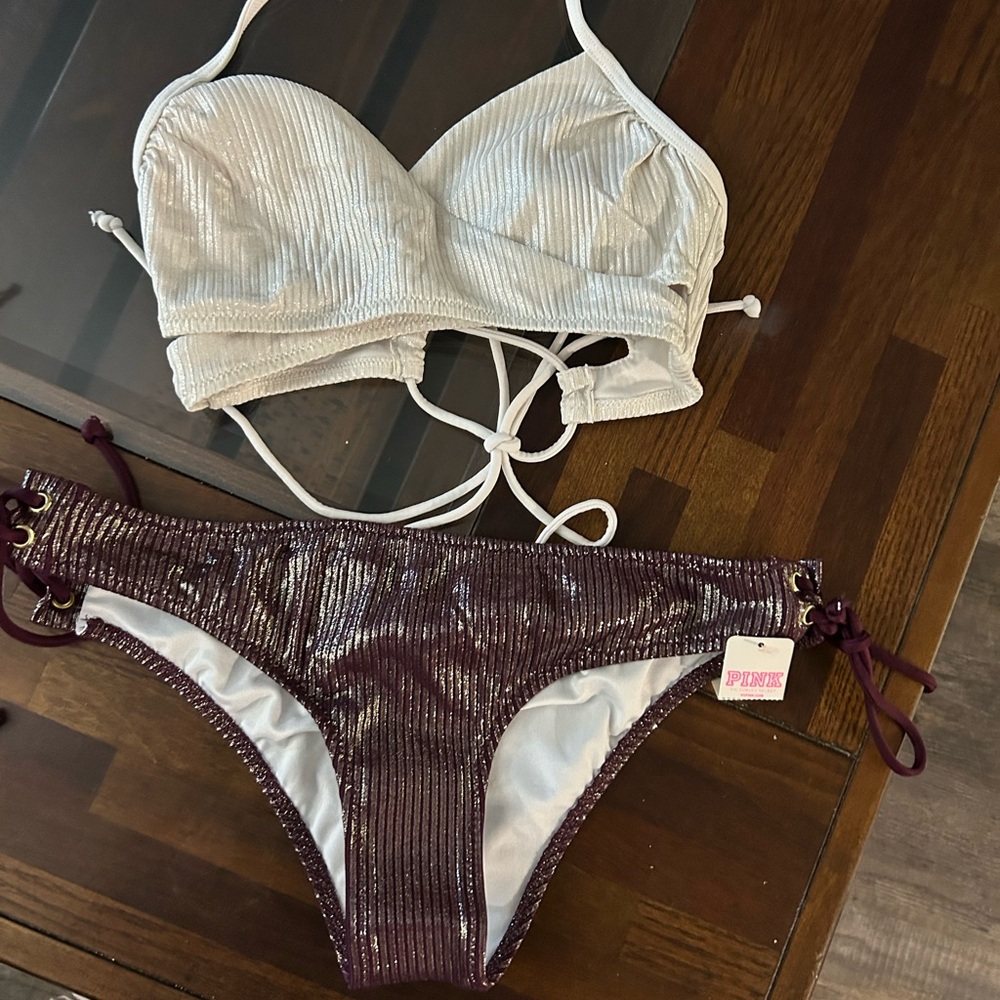 PINK Victoria's Secret White and Blue Bikini Set.  2 bottoms, 1 top. - Picture 4 of 11